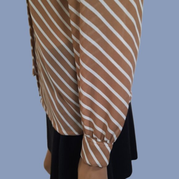 Vintage 80s Bow Tie Blouse Secretary Sheer Button Up Beige White Striped S - Picture 7 of 10